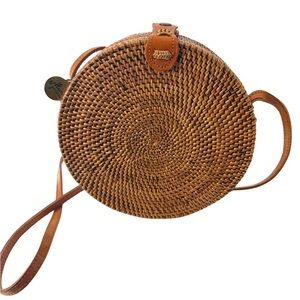 Ellen & James Rattan Circle Crossbody Bag Boho Round Woven Bali Purs